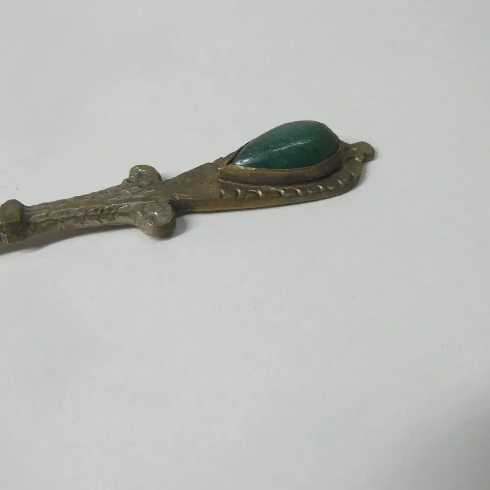 Heart Shaped  Demitasse Coffee Spoon Engraved w/Green Stone Jade? Vintage
